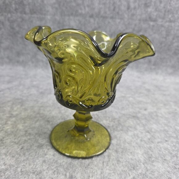 Imperial Atterbury Scroll Green Ruffled Glass Compote Olive Verde Candy Dish - Picture 8 of 13
